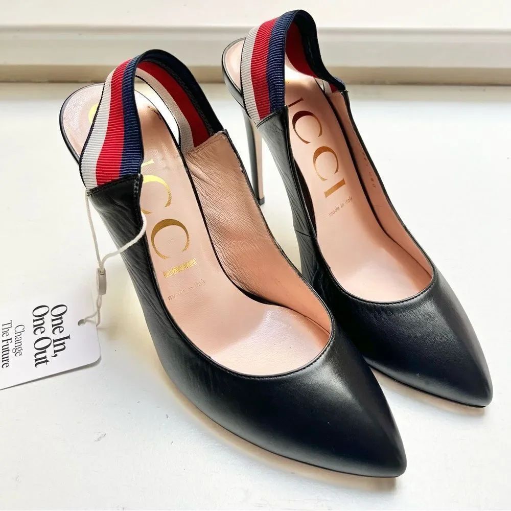 Gucci SYLVIE WEB LEATHER SLINGBACK HEELS PUMPS IN BLACK EU 38.5 EUC MSRP $795